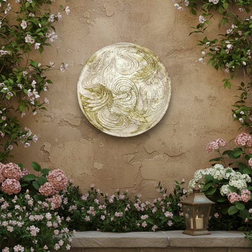 Ornate round plate featuring swirling, old world European patterns with a classical, Renaissance-inspired decorative motif. Side Angle