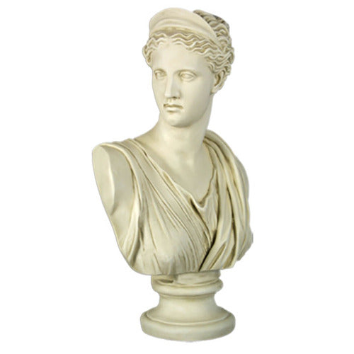 Classical Greek-style bust of a woman with draped robes and a serene expression, featuring ornate sculptural details.