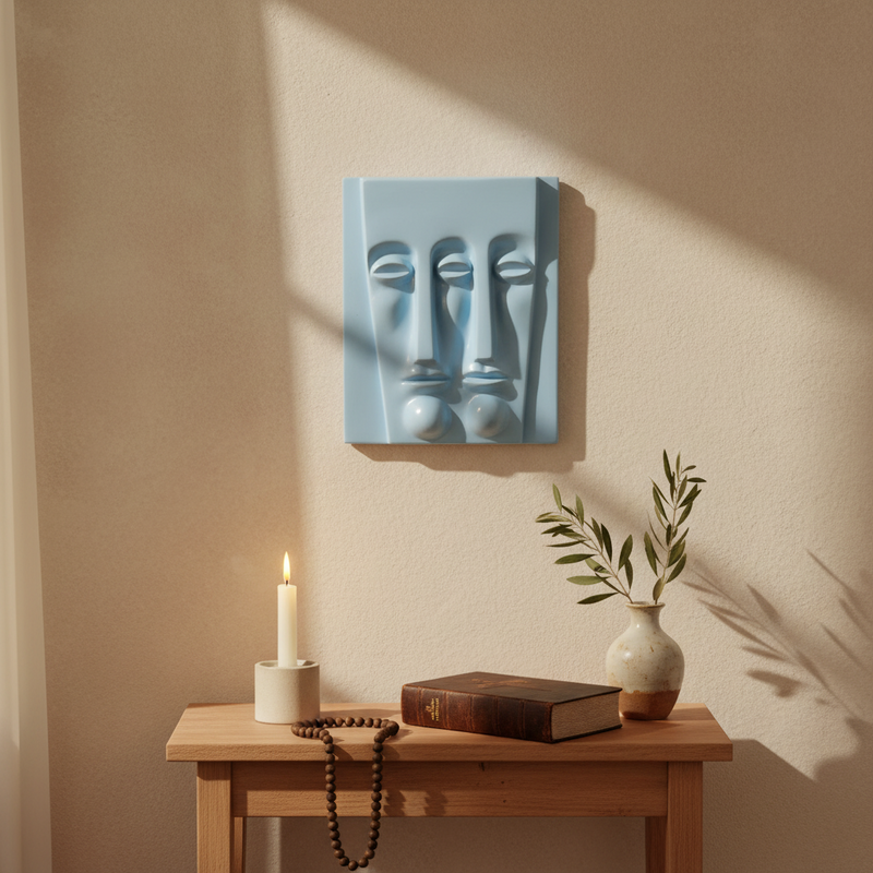 Abstract sculptural wall art featuring two elongated, stylized faces in a minimalist, classical European-inspired design. Side Angle