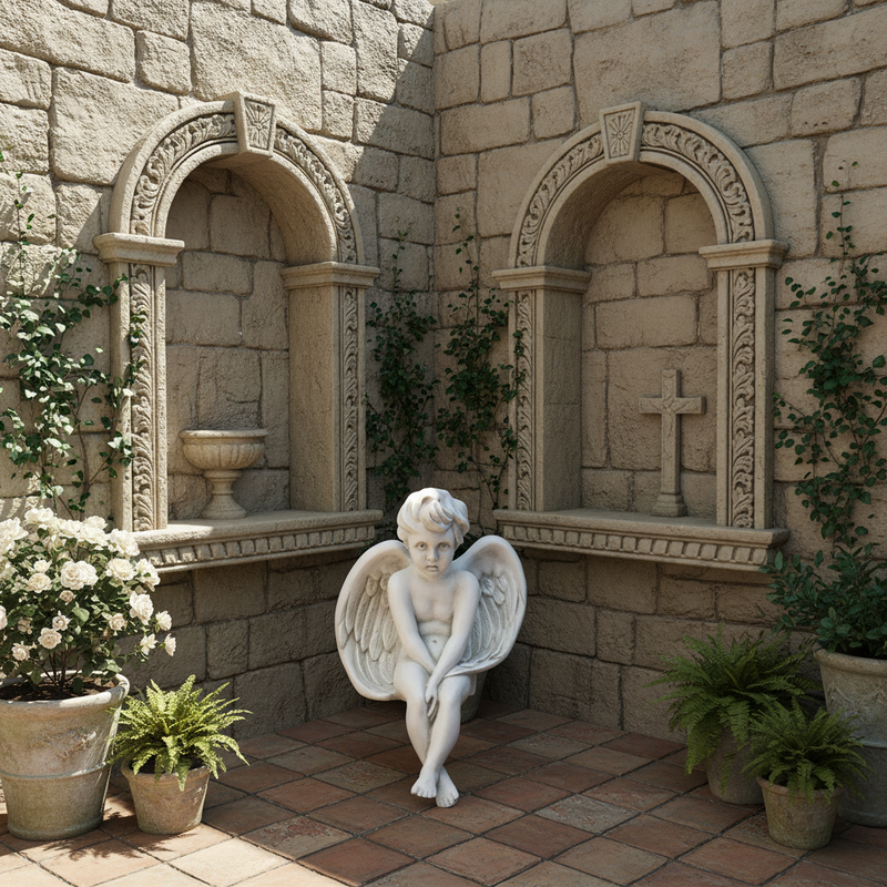 Sorrowful Winged Cherub Outdoor Statue (24 - Inch) Side Angle