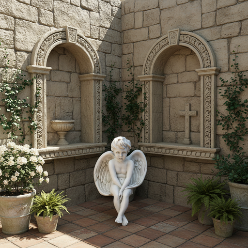 Sorrowful Winged Cherub Outdoor Statue (24 - Inch) Side Angle