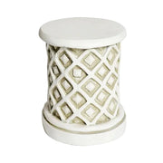 Ornate cylindrical pedestal with classical lattice pattern and old world European architectural detailing.