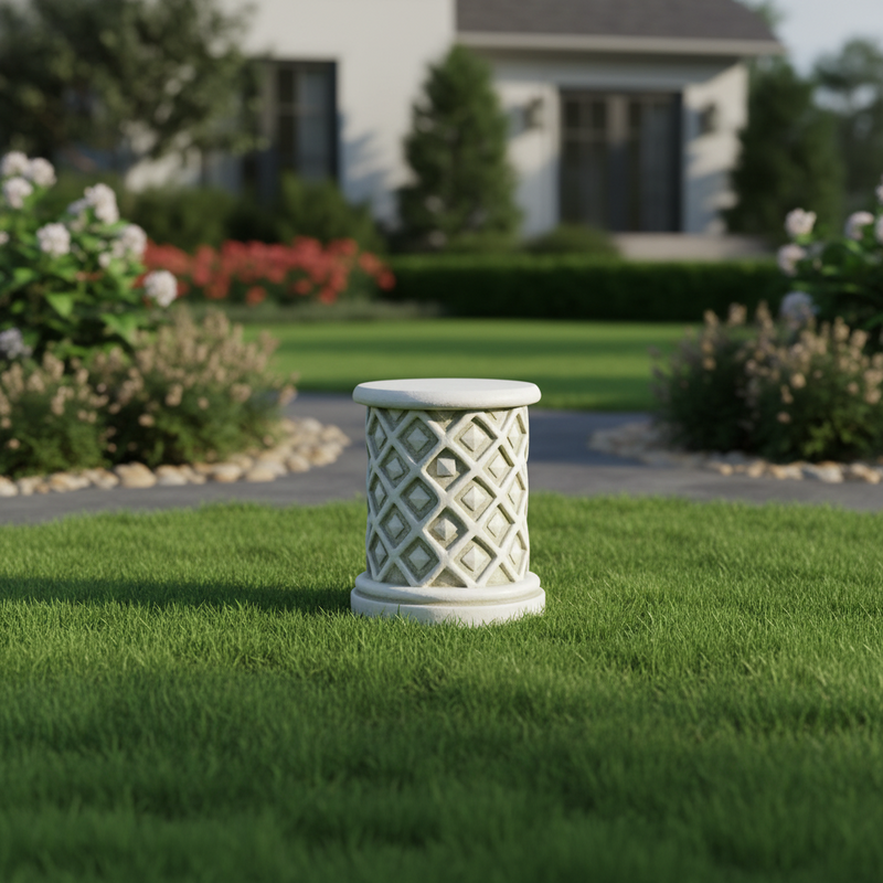 Ornate cylindrical pedestal with classical lattice pattern and old world European architectural detailing. Side Angle