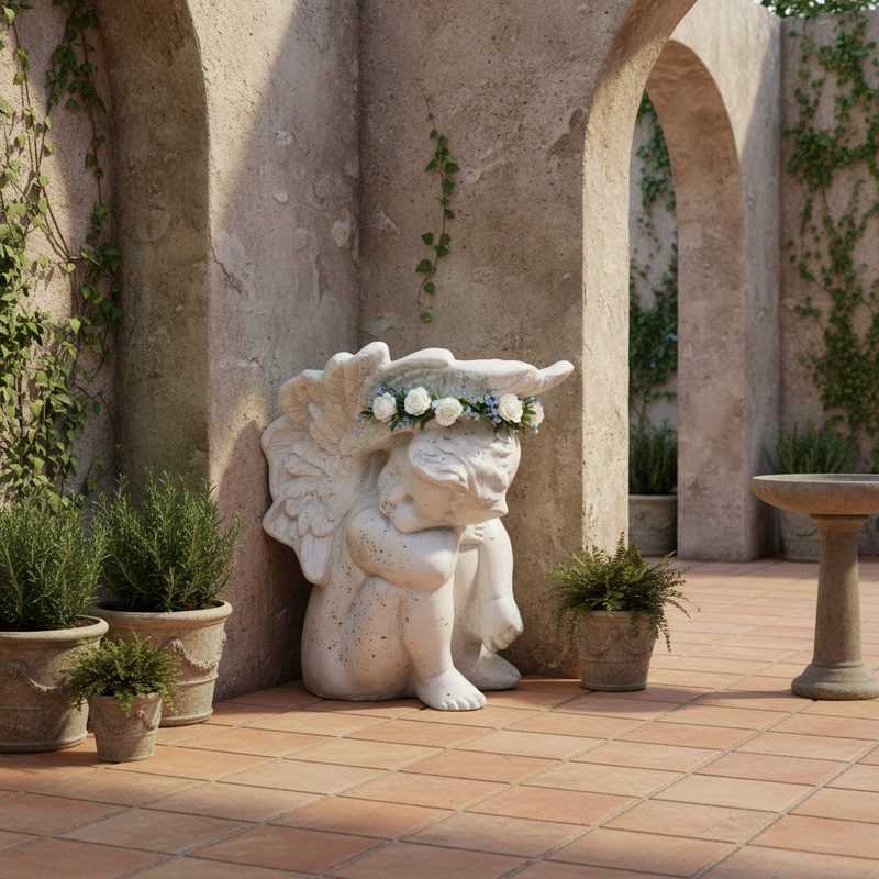 Cute Cherub Garden Statue (11 - Inch) Side Angle