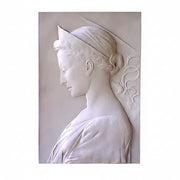 Classical Renaissance-style bas-relief of a woman in profile with delicate features, draped garment, and ornate headpiece.