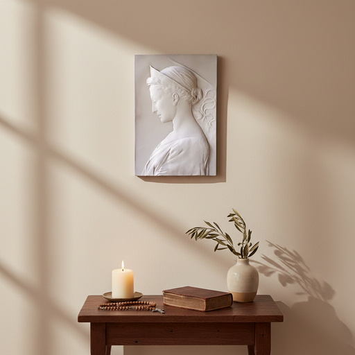 Classical Renaissance-style bas-relief of a woman in profile with delicate features, draped garment, and ornate headpiece. Side Angle