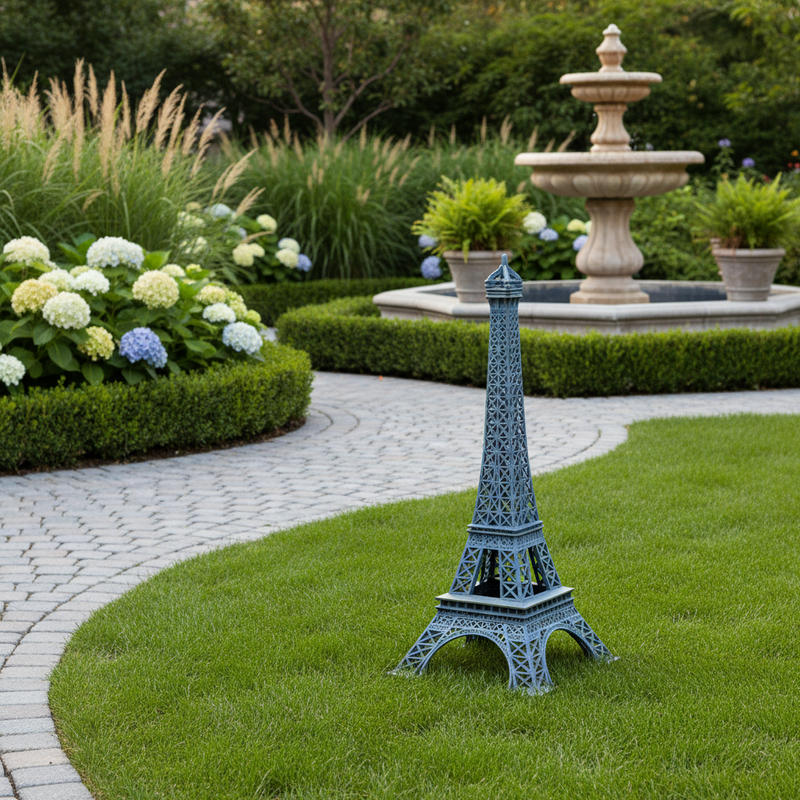 Eiffel Tower figurine with ornate latticework, classical old world European architectural style, inspired by Parisian landmarks Side Angle