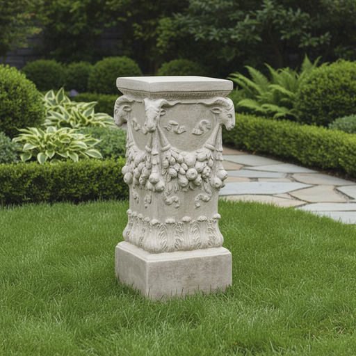 Ornate pedestal with classical old world European design, featuring carved garlands and acanthus leaf motifs in Renaissance style. Side Angle