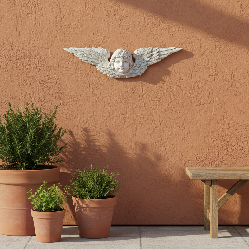 Winged cherub face with ornate, detailed feathers in a classical Baroque style, evoking old world European architecture. Additional Angle