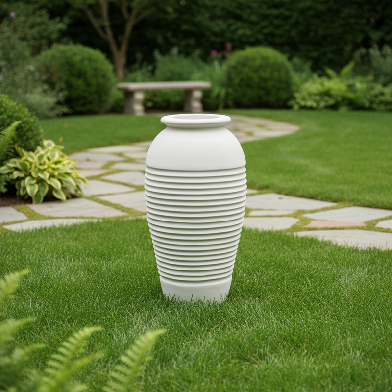 Classical urn with ribbed detailing and a rounded lip, inspired by old world European and Greek architectural styles. Side Angle