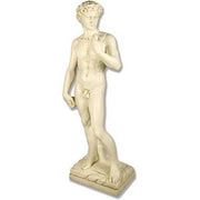 Classical Renaissance male statue in contrapposto pose with detailed anatomy and ornate curly hair, standing on a rectangular base.