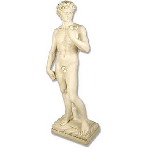 Classical Renaissance male statue in contrapposto pose with detailed anatomy and ornate curly hair, standing on a rectangular base.