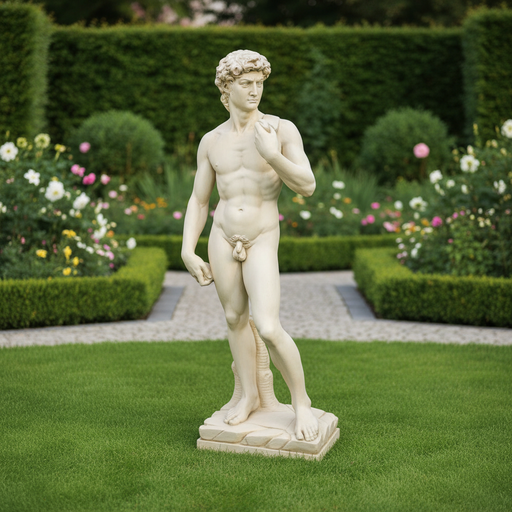 Classical Renaissance male statue in contrapposto pose with detailed anatomy and ornate curly hair, standing on a rectangular base. Side Angle