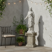 Jesus statue in classical Renaissance style, featuring ornate drapery and detailed facial features, holding a globe in one hand. Side Angle