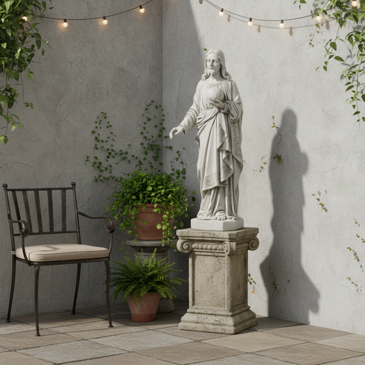 Jesus statue in classical Renaissance style, featuring ornate drapery and detailed facial features, holding a globe in one hand. Side Angle