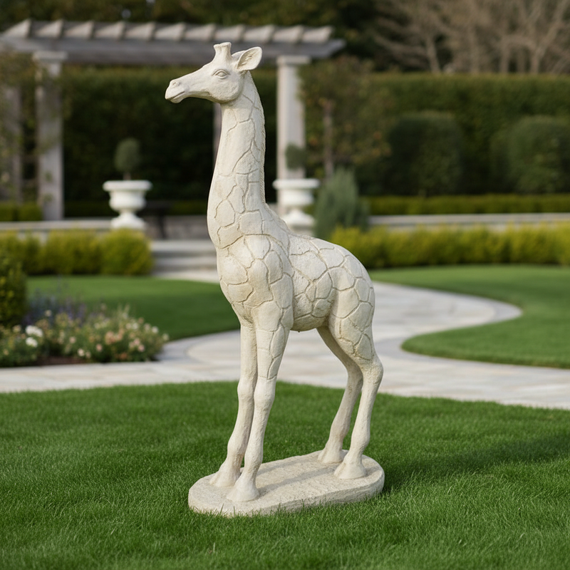 Giraffe statue with classical old world European style, ornate detailing, and Renaissance-inspired sculptural features. Side Angle