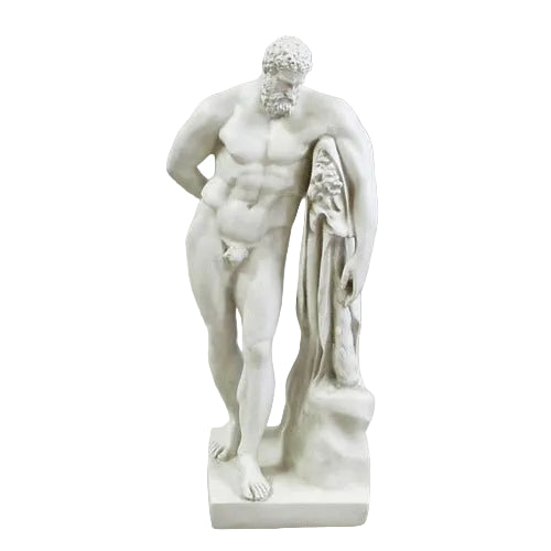 Classical Greek-style male statue with muscular form, standing contrapposto beside a draped pillar, featuring ornate sculptural details.