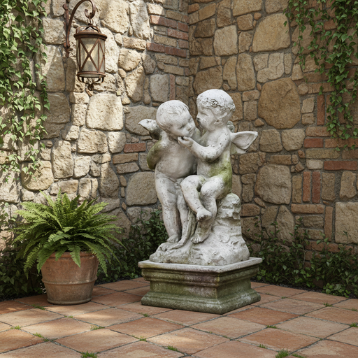 Loving Winged Cherubs Outdoor Statue (21 - Inch) Side Angle