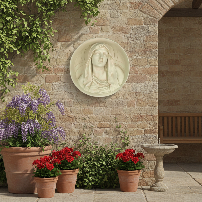 Blessed Mary Roundel Statue (12 - Inch) Side Angle