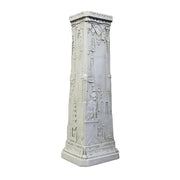 Ornate classical pedestal with old world European and Egyptian-inspired reliefs, featuring intricate geometric and animal motifs.