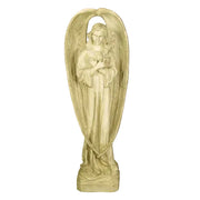 Standing angel with large curved wings holding a flower on a rectangular base
