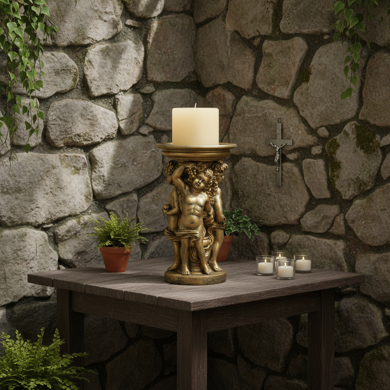 Round Cherub Candleholder Outdoor Statue (12-Inch)