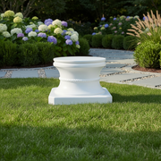 Classical pedestal base with ornate rope detailing and rounded edges, inspired by old world European architectural styles. Side Angle