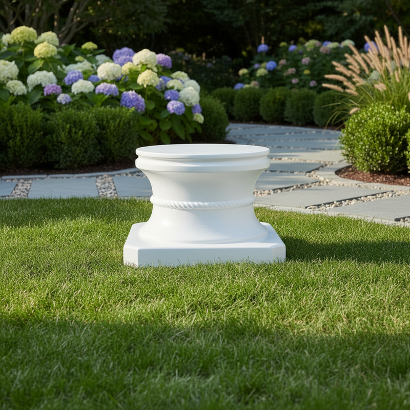 Classical pedestal base with ornate rope detailing and rounded edges, inspired by old world European architectural styles. Side Angle
