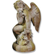 Sitting winged cherub Statue holding a smal flower,  floral garlands and a leafy crown.