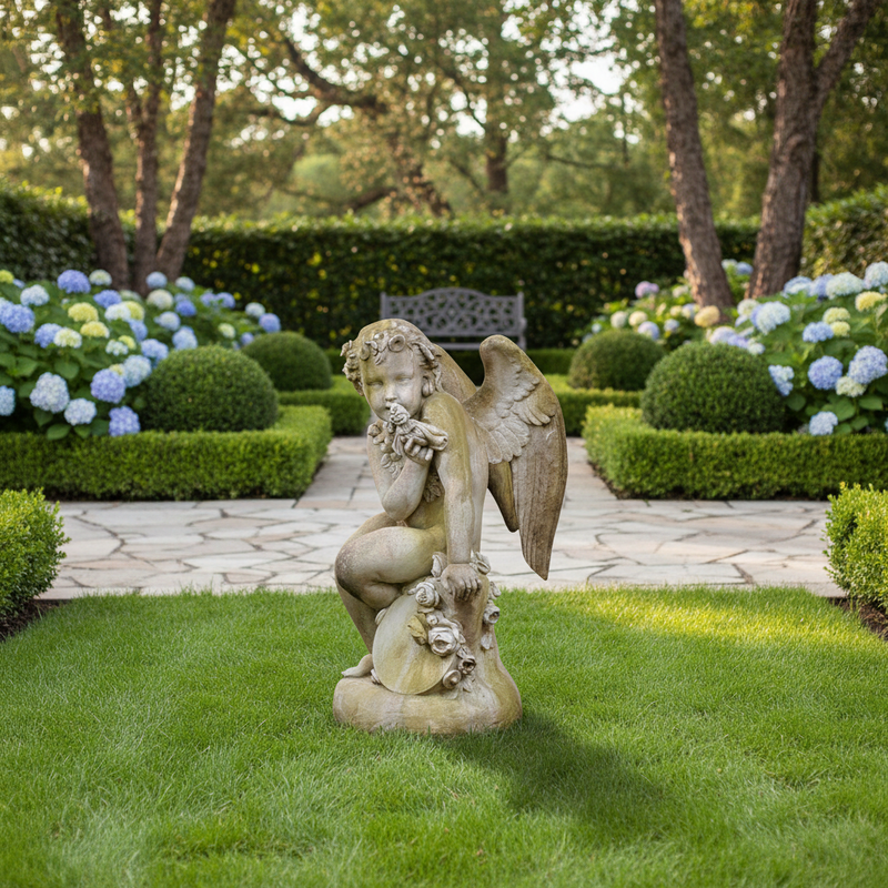 Sitting Winged Cherub With Doll Outdoor Statue (34-Inch)