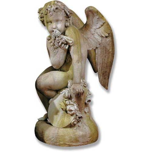 Sitting winged cherub Statue holding a smal flower,  floral garlands and a leafy crown.
