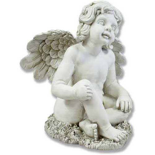 Sitting cherub statue with feathered wings and one knee raised.