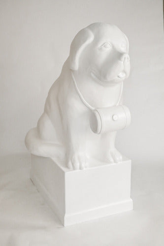 St. Bernard dog statue with barrel collar, seated on a pedestal in classical European style with subtle ornate detailing. Side View