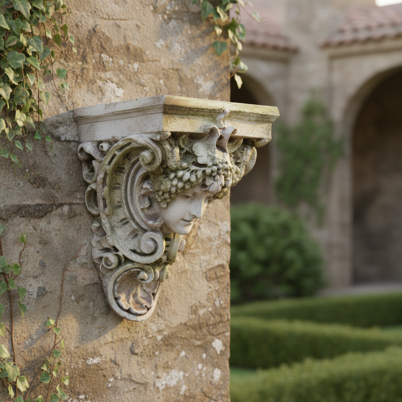 Ornate old world European wall corbel with classical female face, intricate scrollwork, and Baroque decorative detailing. Side Angle