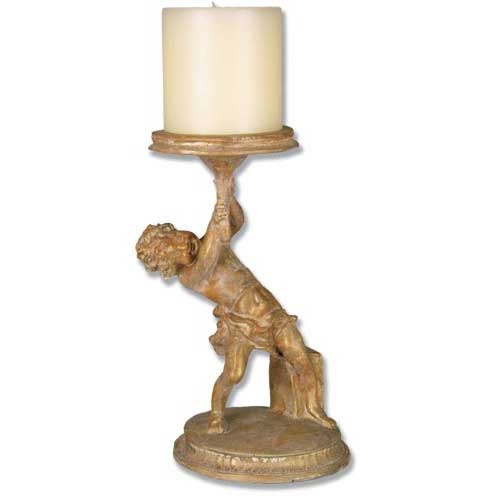 Leaning winged cherub holding a circular candle platform on an ornate round base.