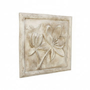 Floral relief wall plaque with ornate old world European style, featuring classical botanical motifs in a square frame.