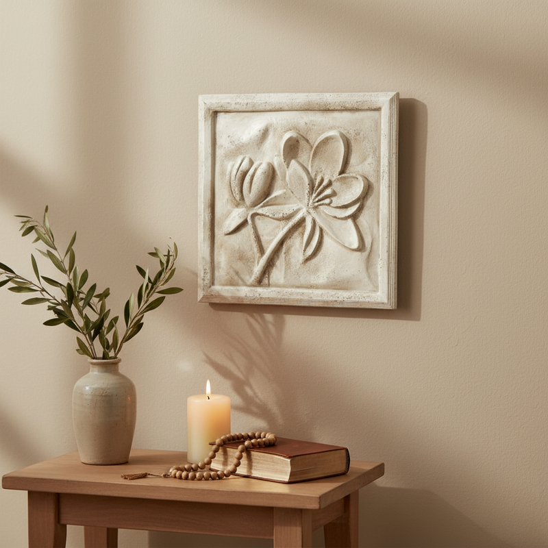 Floral relief wall plaque with ornate old world European style, featuring classical botanical motifs in a square frame. Side View