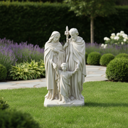 Holy family statue in classical old world European style with ornate drapery and serene expressions, featuring three standing figures. Side View