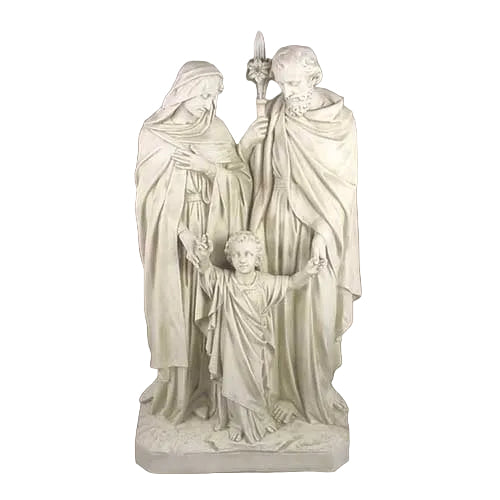 Holy family statue in classical old world European style with ornate drapery and serene expressions, featuring three standing figures.