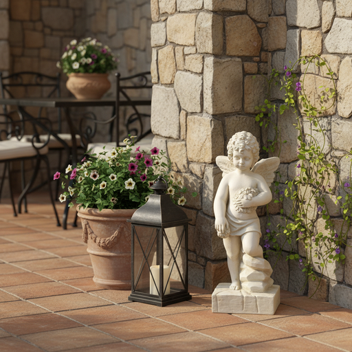 Cherub statue with curly hair and wings, holding a floral garland, standing in classical old world European style. Side Angle
