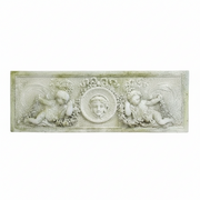Rectangular old world European relief panel with ornate cherubs and classical face medallion in Baroque architectural style.