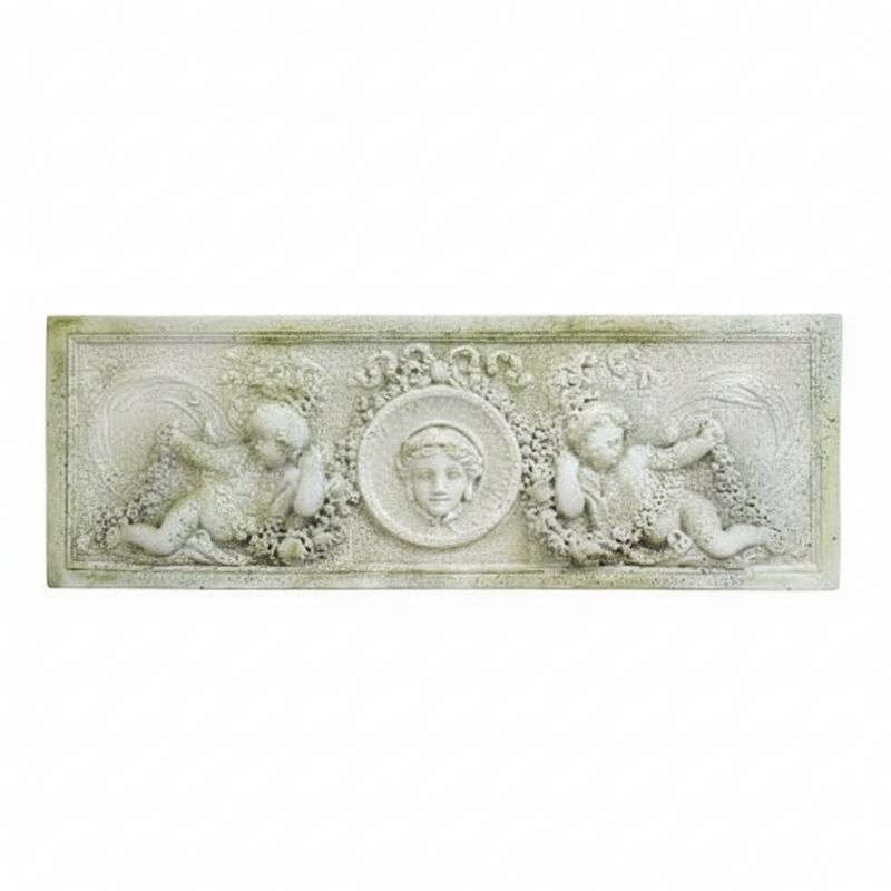 Rectangular old world European relief panel with ornate cherubs and classical face medallion in Baroque architectural style.