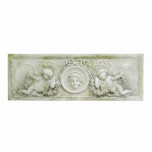 Rectangular old world European relief panel with ornate cherubs and classical face medallion in Baroque architectural style.