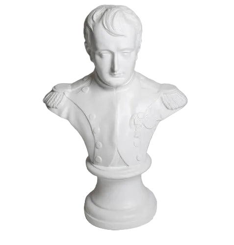Neoclassical bust of a man in military uniform with ornate epaulettes and classical detailing, inspired by old world European style.