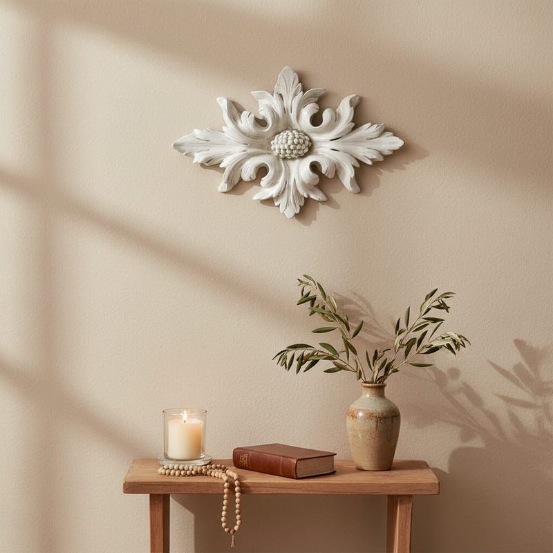 Ornate Baroque floral applique with symmetrical acanthus leaf motifs and a central cluster, featuring classical old world European style. Side View