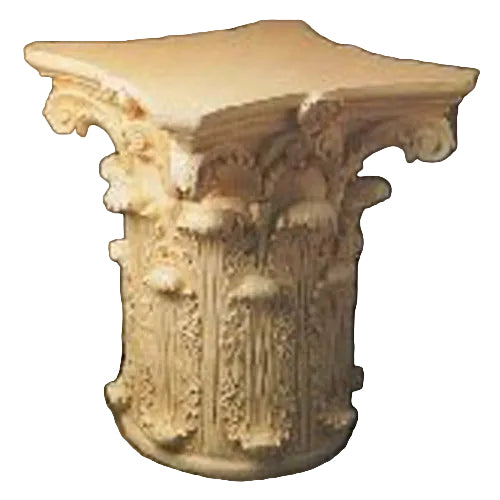 Corinthian column capital with ornate acanthus leaf carvings, classical old world European architectural style.