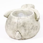 Rabbit-shaped planter with ornate floral motif, featuring old world European style and filled with yellow and orange flowers. Additional Angle