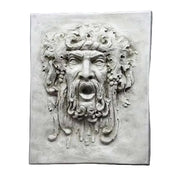 Baroque-style wall plaque featuring an ornate, classical face with flowing hair, grape clusters, and dramatic expression.