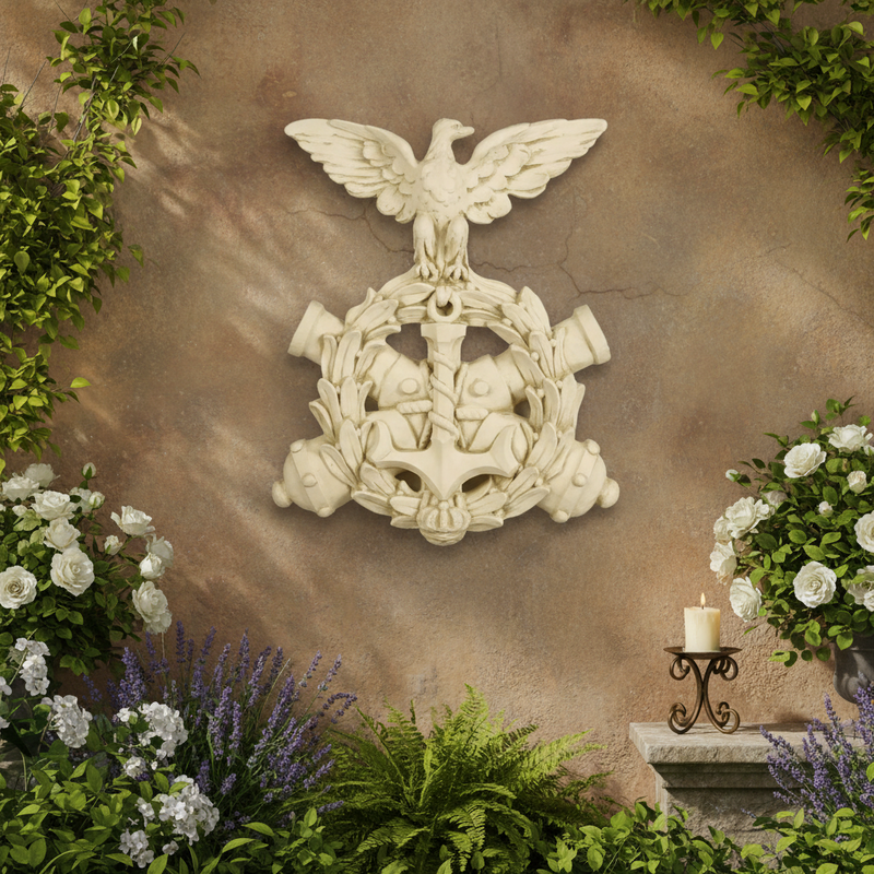 Eagle perched atop an anchor and laurel wreath with crossed cannons, featuring ornate old world European and classical detailing. Side Angle