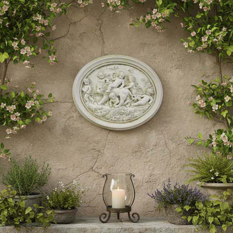Oval Relief With Cherubs And Lion Plaque (19 - Inch) Side Angle